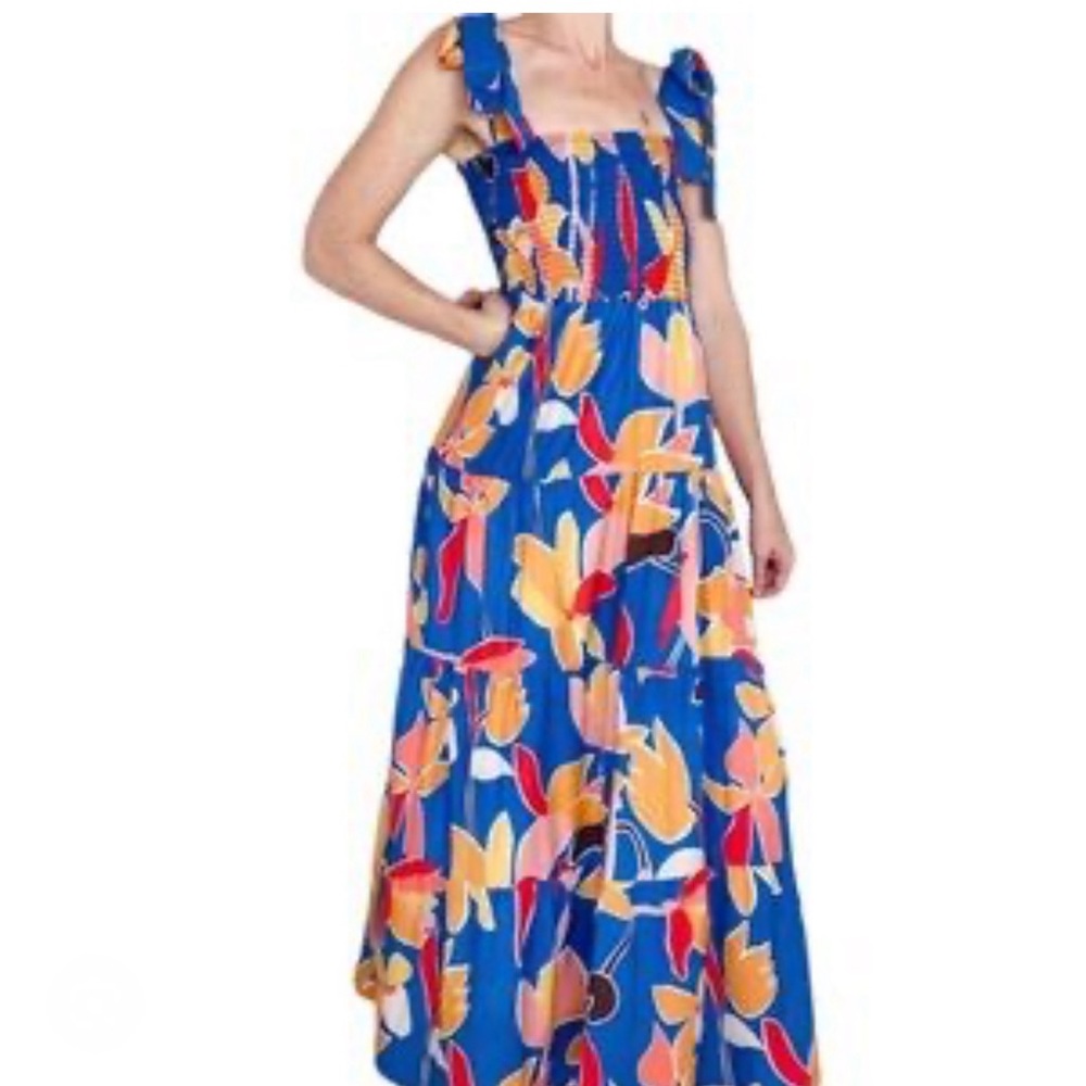 Sunday Up Blue Orange Floral Smocked Maxi Dress Sz S